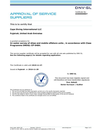 DNV.GL certification | Cape Diving International, underwater services