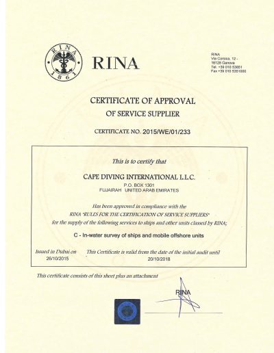 RINA certification | Cape Diving International, underwater services